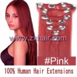 20" 7pcs set Clip-in hair remy Human Hair Extensions #pink