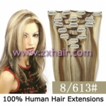 15" 7pcs set Clip-in hair remy Human Hair Extensions #8/613