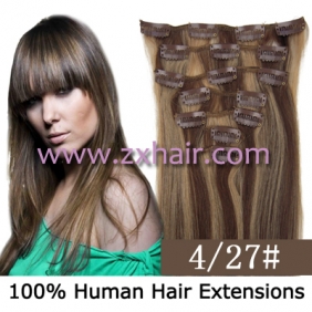 15" 7pcs set Clip-in hair remy Human Hair Extensions #4/27