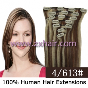 15" 7pcs set Clip-in hair remy Human Hair Extensions #4/613