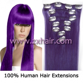 15" 7pcs set Clip-in hair remy Human Hair Extensions #lila