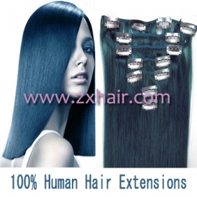 20" 7pcs set Clip-in hair remy Human Hair Extensions #blue