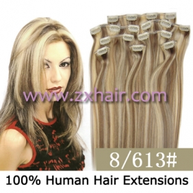 20" 8pcs set Clip-in hair remy Human Hair Extensions #8/613