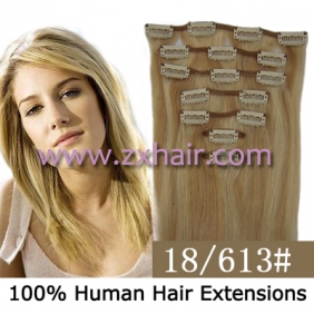 18" 7pcs set Clips-in hair 70g remy Human Hair Extensions #18/613