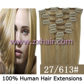 22" 7pcs set Clips-in hair 80g remy Human Hair Extensions #27/613