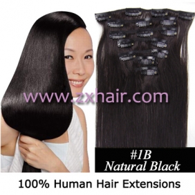 22" 7pcs set Clips-in hair 80g remy Human Hair Extensions #1B